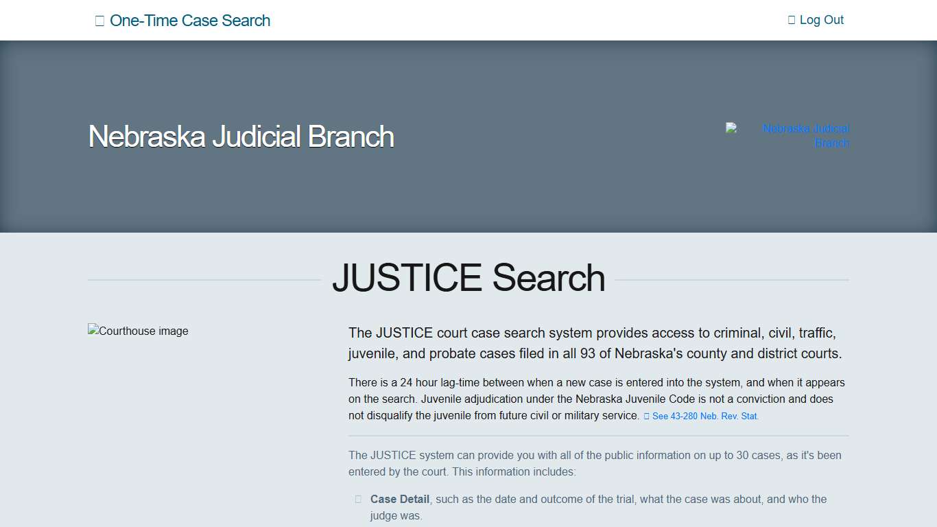 JUSTICE Search - One-Time Case Search Main Page