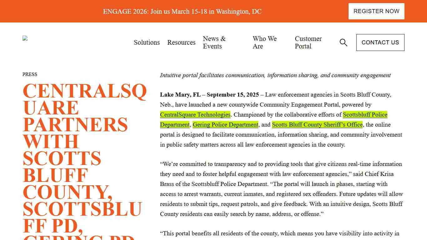 CentralSquare Partners with Scotts Bluff County, Scottsbluff PD, Gering PD to Launch Countywide Community Engagement Portal CentralSquare